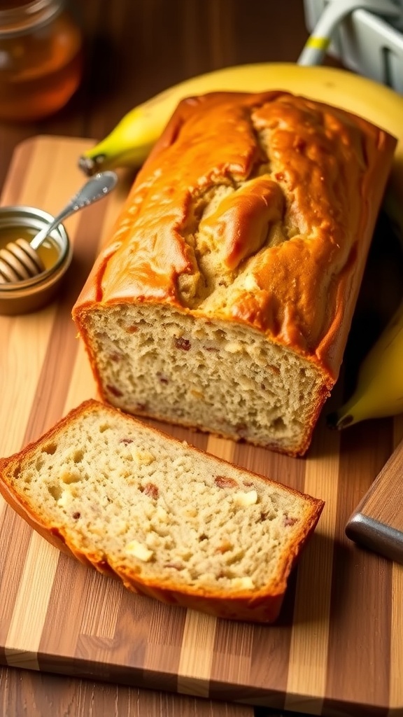 Honey Banana Bread Recipe (No Added Sugar) Sliced honey banana bread on a cutting board with bananas and honey on the side.